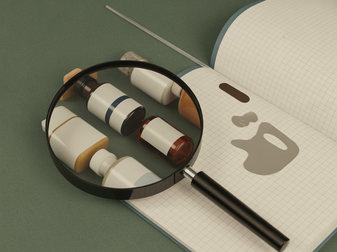 Blank consumer packages under a magnifying glass for brand safety comparison.