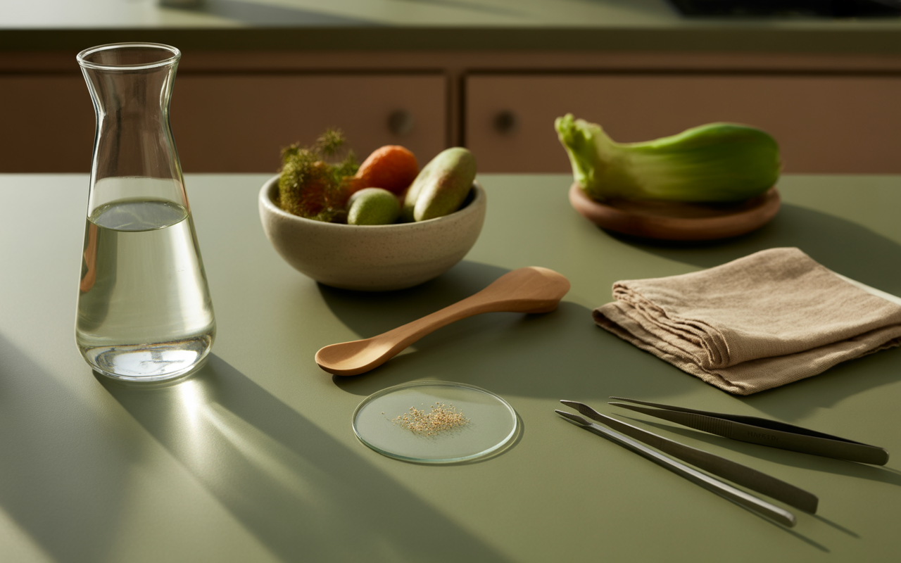 Sunlit table with glass water, fresh food, cotton cloth, and a lab slide for product safety research.